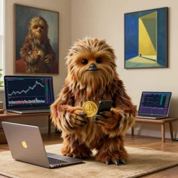 wookiee comfy at home trading crypto. the charts are at all time highs, painting by rene magritte and edward hopper, 3 d rendering by beeple