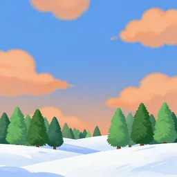 a beautiful fantasy landscape art, orange clouds in the blue sky and green trees, snowy mountains, art by bob ross
