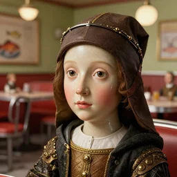 medieval jan van eyck closeup face portrait of a tin toy emogirl in a 1 9 5 0 s diner, nicoletta ceccoli, mark ryden, lostfish, max fleischer, depth of field, detailed and intricate retro environment, 8 k resolution, hyperrealistic, octane render
