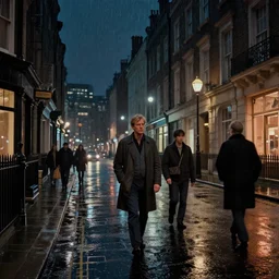 concept art, wet london street at night by roger deakins, in the style of syd mead and liam wong