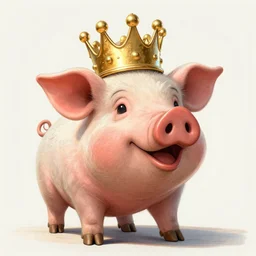 concept sketch of a pig wearing a gold crown 1940s cartoon, super realistic, 8k