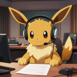 portrait of a giant leafeon wearing a headset at a table with paper in front of them recording their next single in the studio, digital art, high quality illustration