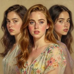“ rachel mcadams portrait by ikenaga yasunari and ayana otake and ko rakusui, drawing, realistic, sharp focus, japanese, dreamy, nostalgia, faded, golden hues, floral clothes ”