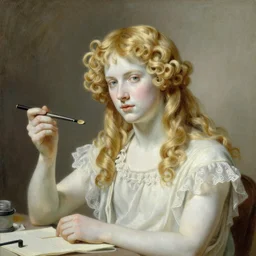 Painting of lucius as a German tailor, long blond drill curls, delicate androgynous prince, pale milky white porcelain skin, by Leyendecker and Norman Rockwell