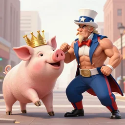 a muscular pig wearing a gold crown fighting uncle sam in a city