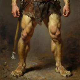 muscular lion as barbarian hunter full body ,human legs ,very textured detailed oil painting by rembrandt