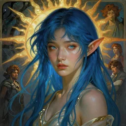 stunning, breathtaking, awe-inspiring award-winning concept art nouveau painting of attractive young Asian woman with elf ears and blue hair, as the goddess of the sun, with anxious, piercing eyes, by Alphonse Mucha, Michael Whelan, William Adolphe Bouguereau, John Williams Waterhouse, and Donato Giancola, cyberpunk, extremely moody lighting, glowing light and shadow, atmospheric, cinematic, 8K