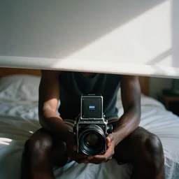 torso of an black man sitting on his bed, light entering through a blind, hyper realistic photo by Peter Lindbergh with a Zeiss 35mm f2.8, Hasselblad, 8k, insanely detailed
