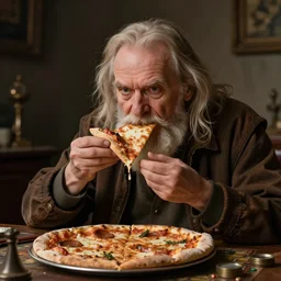 a grumpy old danish man with long hair eating pizza while DMing an AD&D game