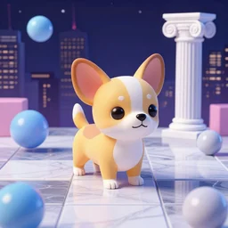 a 3d bryce render of an adorable and cute tan chihuahua/dachshund mix, vaporwave, marble tile, ionic columns, cubes, spheres, night, city skyline