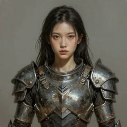 a photorealistic painting of an attractive young girl, partially clothed in dirty metal-plated battle armor, dirty olive skin, long dark hair, beautiful bone structure, perfectly symmetrical face, perfect eyes, intricate, elegant, digital painting, concept art, illustration, sharp focus, minimal artifacts, volumetric lighting, from Metal Gear, in the style of Greg Rutkowski, trending on Artstation, award winning