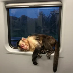 capuchin monkey sleeping in train compartment room, rainy window, night time, night, midnight, 3 0 mm photo