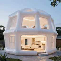 inside inflatable organic wood home. translucent white inflatable fabric. very tall living room and kitchen. geodesic cellular geometry. louver. architectural photography. unreal engine, 4 k, 8 k. volumetric lighting.