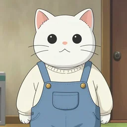 overweight white cat cat wearing overalls and a long sleeved sweater, fursona, anthro, male, anime key visual, detailed white fur, makoto shinkai, portrait