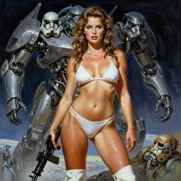 A mixed media portrait painting of a very beautiful light-brown-haired woman on an alien planet, very curvy, aesthetic! high-waisted, hips, white-bikini and boots, starship-troopers-rifle, bombshell, aesthetic symmetrical face and eyes, model, wet, pacific-rim-mech in background, by Frank Frazetta, Boris Vallejo, Beeple, Greg Rutkowski, Christian MacNevin, eighties pinup style, goddess, epic fantasy character art, high fantasy, CGsociety, exquisite detail, post-processing, masterpiece, cinematic