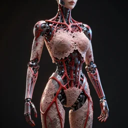 beautiful robotic body figure dressed in intricate outfit of blood vessels and flesh lace, detailed, dark background, backlit, c 4 d, octane, realistic render, beautiful, gothic, contrast, 8 k