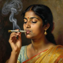 detailed portrait of sri lankan girl smoking joint, girl graceful, eyes closed, painting by gaston bussiere, craig mullins, j. c. leyendecker