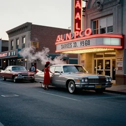 street view in america of market district at dawn. woman in red dress entering a cadillac parked outside a cinema, from 1 9 6 8, california. scorsese, wes anderson, kodachrome, fred herzog. small steam from vents lit by neon signs. epic view. cinestill film tones, by chesley bonestell, vincent di fate