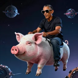 cyberpunk rockstar Obama riding a pig in space, Obama has punk rock sunglasses on