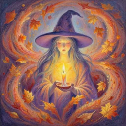 highly detailed pastel colors painting of an symmetric ethereal witch with a candle, warm glow, morphing into a whirlwind of autumn leaves, by hsiao - ron cheng, smooth composition, fine patterns and detail