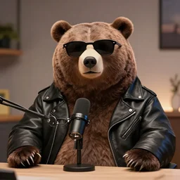 an oversized bear on a podcast, sitting at a table in front of a mic, wearing sunglasses and a leather jacket