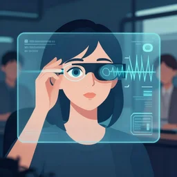 woman using eye tracker on transparent screen, gaze tracking visualized on screen, science fiction, cypherpunk, scientific illustration of gaze saccades, clean cel shaded vector art. behance hd 4 k, artstation, depth of field, by lois van baarle, helen huang, by makoto shinkai and ilya kuvshinov, illustration
