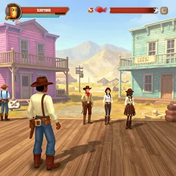 screenshot of gameplay dating simulator game set in 1 8 7 4, interior of old west saloon, featuring african american and japanese cowboys and cowgirls in ghost town with buildings painted bright pastel colors, morning light with mountains in the background