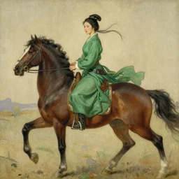 full character of ancient chinese woman warrior in green clothes riding a horse, character design, painting by gaston bussiere, katsuya terada, nc wyeth, greg rutkowski, craig mullins, vermeer, frank frazetta, mucha, tom of finland, trending on artstation, jeffery catherine jones