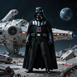 darth vader standing menacingly in front of destroyed star destroyer in space