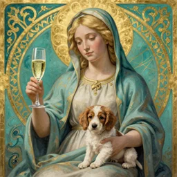 blonde madonna with glass of champagne in her hand and a spaniel puppy on her lap. teal with a gold filigree background. art nouveau. masterful, detailed drawing