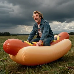 jim varney laughing while he rides a large, inflatable hotdog.