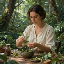 a beautiful herbalist preparing plant medicines in the jungle, highly detailed, art by christophe vacher