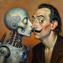 Oil painting by Roberto Matta. Strange mechanical beings kissing. Close-up portrait by Takashi Murakami. Dali.