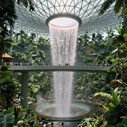 movie still frame, luxurious futuristic city dome with waterfalls inside a lush jungle, bridges with tourists, beautiful composition, sunny, steam, 8 k, cgi, by ridley scott, james cameron, zack snyder and michael bay
