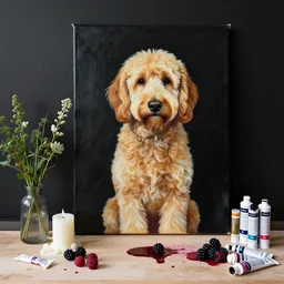 “ a portrait in a female art student ’ s apartment, sensual, a golden doodle theme, art supplies, paint tubes, ikebana, herbs, a candle dripping white wax, black walls, squashed berries, berry juice drips, acrylic and spray paint and oilstick on canvas, surrealism, neoexpressionism ”