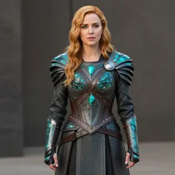 full shot photo of chrstina hendricks as a warrior with malachite armour