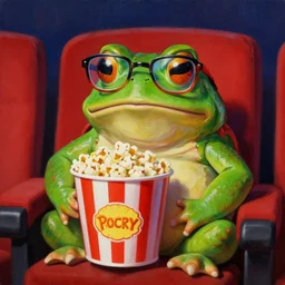 hyper realistic oil painting of chubby green toad wearing anachrome glasses and sitting in the cinema with bucket of popcorn, vibrant colors, high contrast, by greg rutkowski, trending on artstation