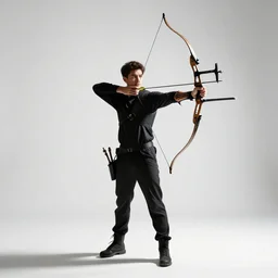 mysterious archer drawing bow, studio photography, full body, standing, isolated on a pure white background, centered, whole figure in frame, sharp focus, studio lighting
