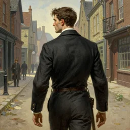 back view of investigiator walking down street in arkham town, male, detailed face, gorgeous, amazing, 1900 style, intricate, highly detailed, musculine, lovecraft illustration, painting by Gaston Bussiere, Craig Mullins