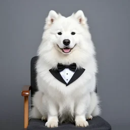 samoyed dog wearing a tuxedo sitting on a chair! yearbook photo