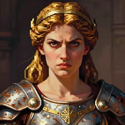 pixel art of the Greek godess Hera looking angry, rusty armor, portrait, beautiful face, symmetric face, by Artgerm and Greg Rutkowski and Alphonse Mucha