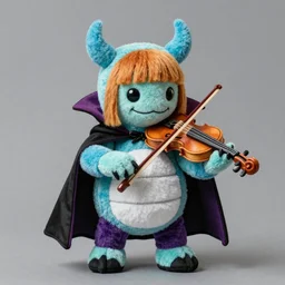 an adorable plush of a bipedal kracken wearing a vampiric cloak playing a violin with Lisa frank inspired colors