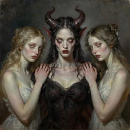 a demonic horrific portrait of satan and his wives, white eyes, bored, illustration, soft lighting, soft details, painting oil on canvas by edmund blair leighton and charlie bowater octane render, hdr, trending on artstation, 4 k, 8 k, hd