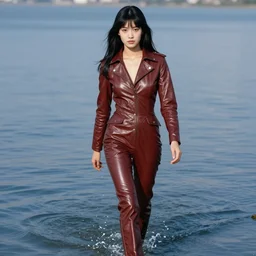ektachrome, telephoto, highly detailed : incredibly realistic, youthful asian demure walking on water, exquisite features, feminine cut, photo 1 9 7 0 s frontiers in flight leather suit cosplay fashion, boris vallejo, mario testino