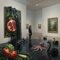 painting of a flooded art gallery and a tall emo girl, a waterfall of black liquid coming from a painting and flooding the gallery, pomegranates, vegetables, octopus, zen, black swans, berries, wide panoramic view, surrealist, by magritte and monet