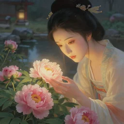 ancient fantasy garden at night, close - up of a beautiful woman caring for peonies, beautiful face, focus on face, natural pose, pond, ethereal warm light, mist, fantasy world, coherent composition, rule of thirds, shallow depth of field, detailed fantasy painting, yuumei, noriyoshi ohrai, ( ( rolf armstrong ) )