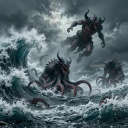 a detailed matte painting of storming ocean, demons form the waves, sea creature with tenticles, dramatic lighting, super human in the air, epic proportion.