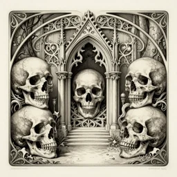 by amano, detailed realistic etching, memento mori, gothic, skulls, bones, art nouveau, neogothic, horizontal symmetry