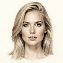 high quality drawing of an adult female, with light blonde shoulder-length hair, in the style of mark arian and Ilya Kuvshinov