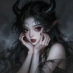 portrait of demon girl, dreamy and ethereal, expressive pose, big black eyes, exciting expression, fantasy, intricate, elegant, dark and moody smoke, highly detailed, digital painting, artstation, concept art, smooth, sharp focus, illustration, art by artgerm and ross tran and james jean